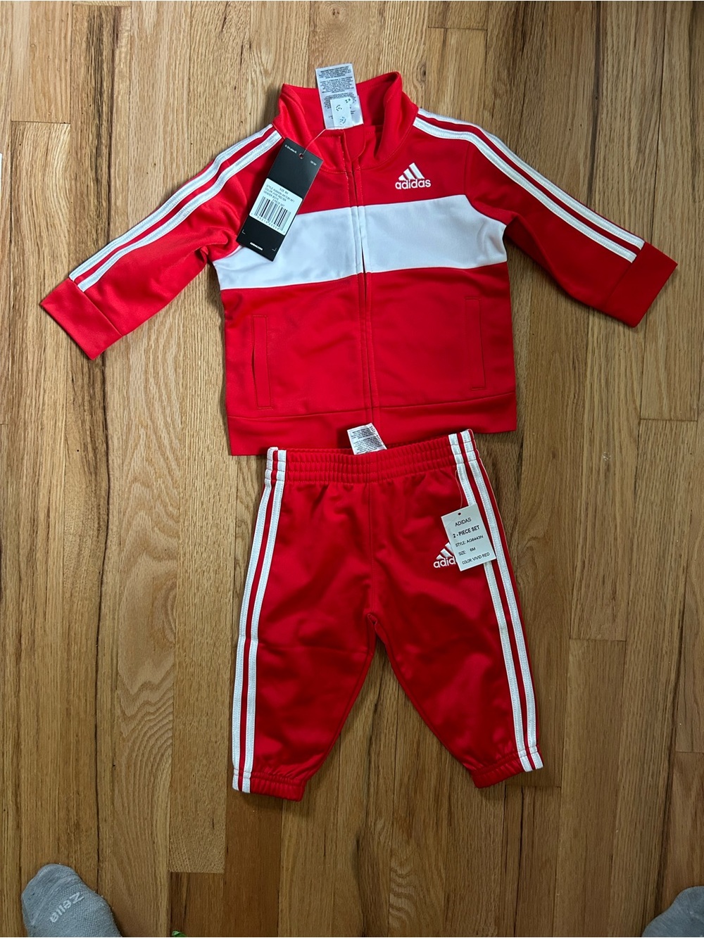 adidas Vivid Red Infant 2-Piece Track Set with White Stripes